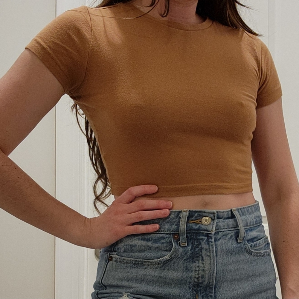 Wild Fable Women's Tan Crop Top - Classic Short Sleeve Tee